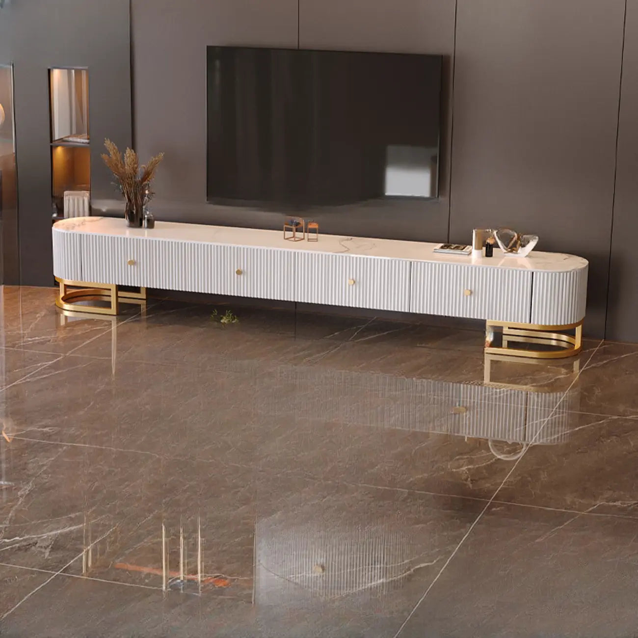 Meuble TV rectangulaire luxueux en pierre avec tiroirs pour salon