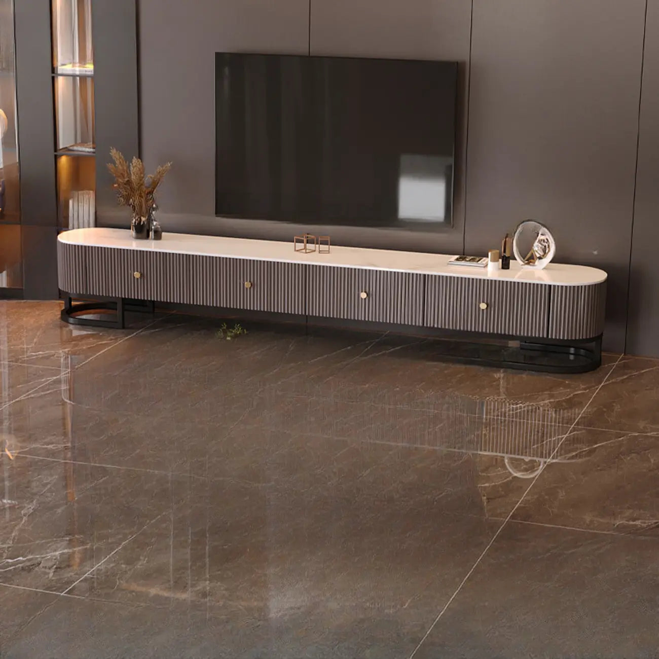 Meuble TV rectangulaire luxueux en pierre avec tiroirs pour salon