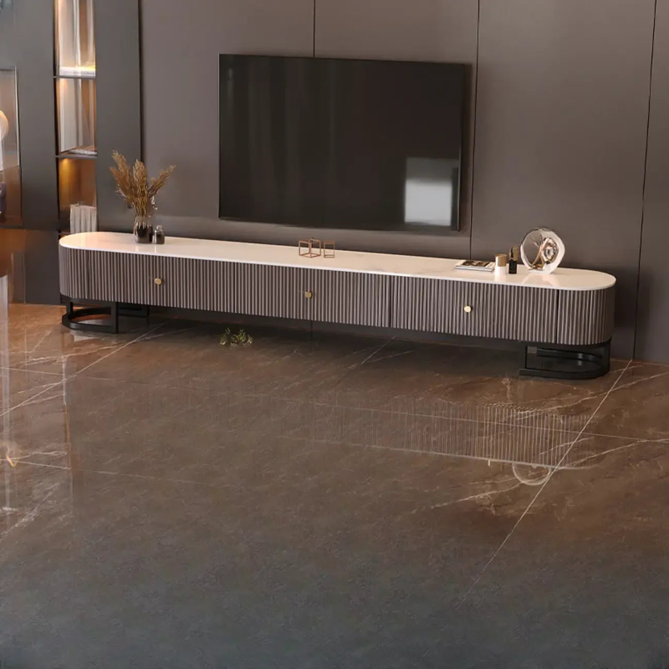 Meuble TV rectangulaire luxueux en pierre avec tiroirs pour salon