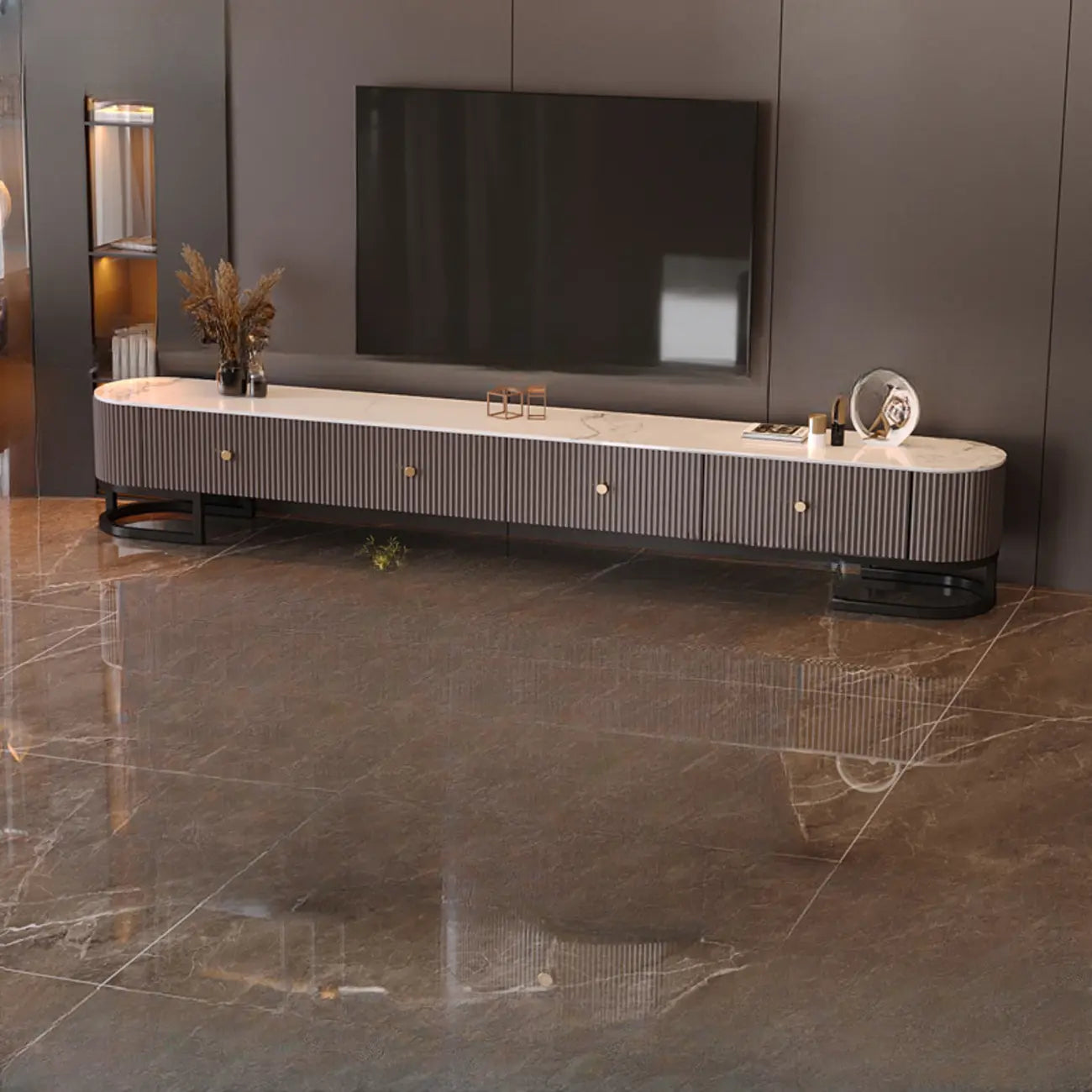 Meuble TV rectangulaire luxueux en pierre avec tiroirs pour salon