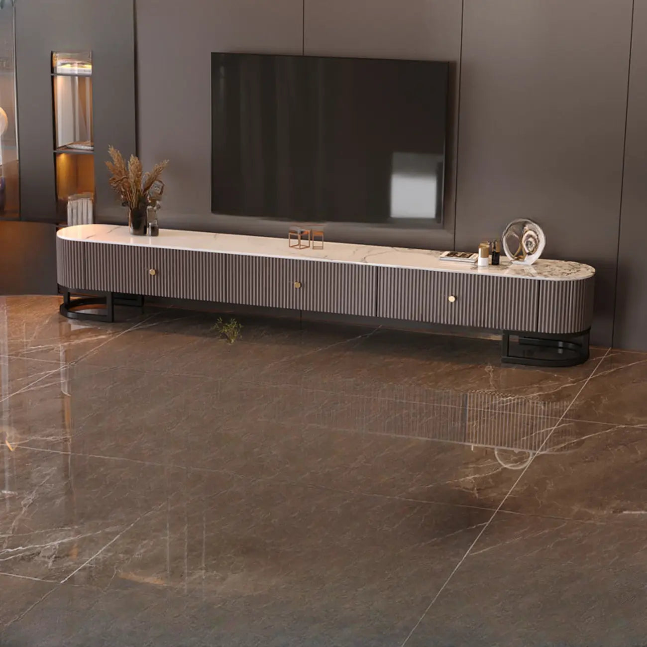 Meuble TV rectangulaire luxueux en pierre avec tiroirs pour salon