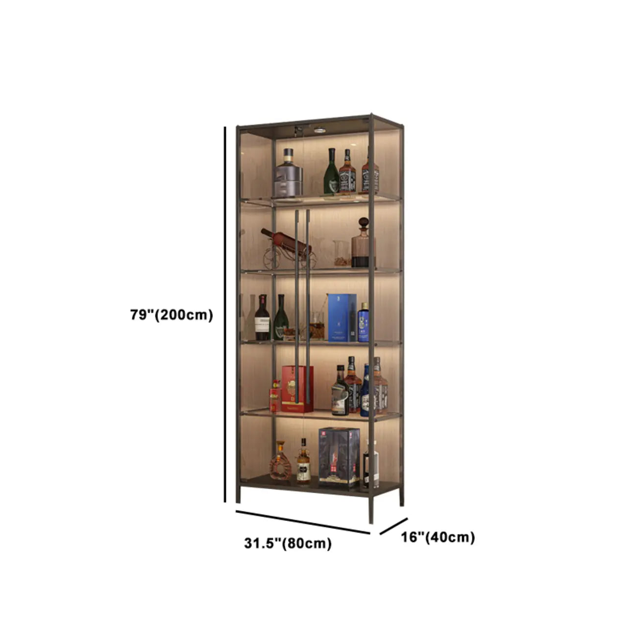 Étagère métallique éclairée, meuble à vin sur pied avec portes vitrées