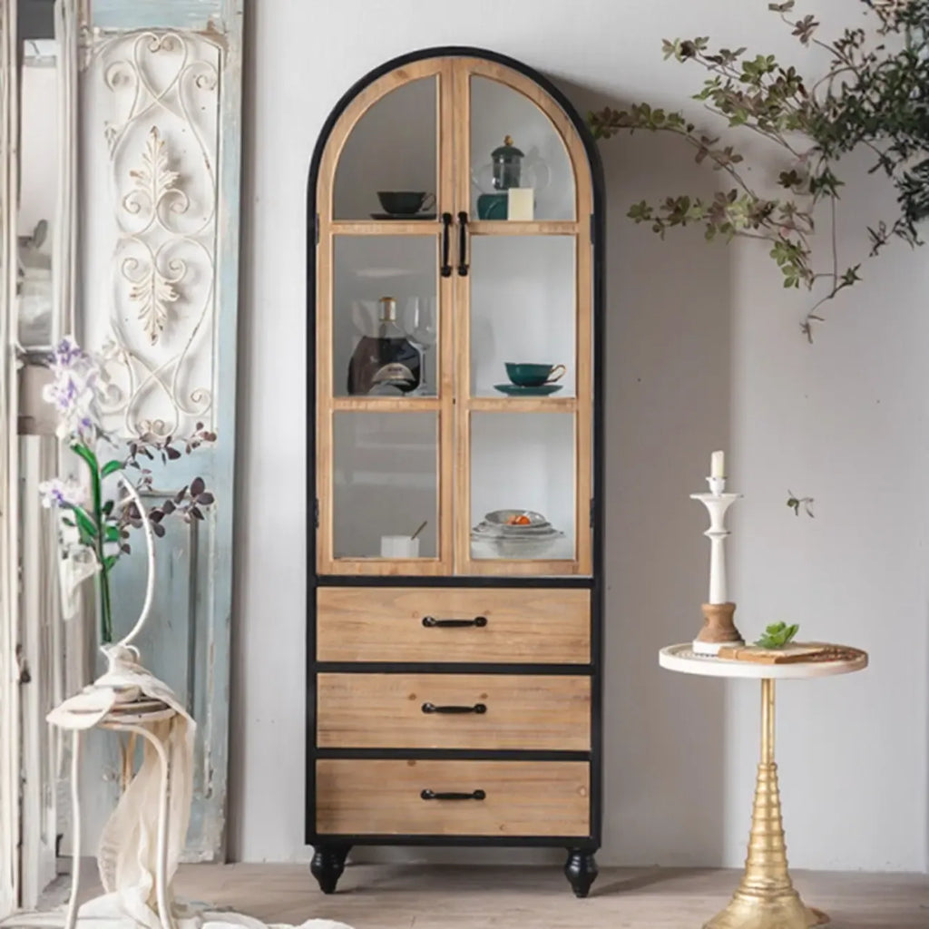 Meuble rustique en bois sur pied, de forme arquée, idéal pour la décoration du salon.
