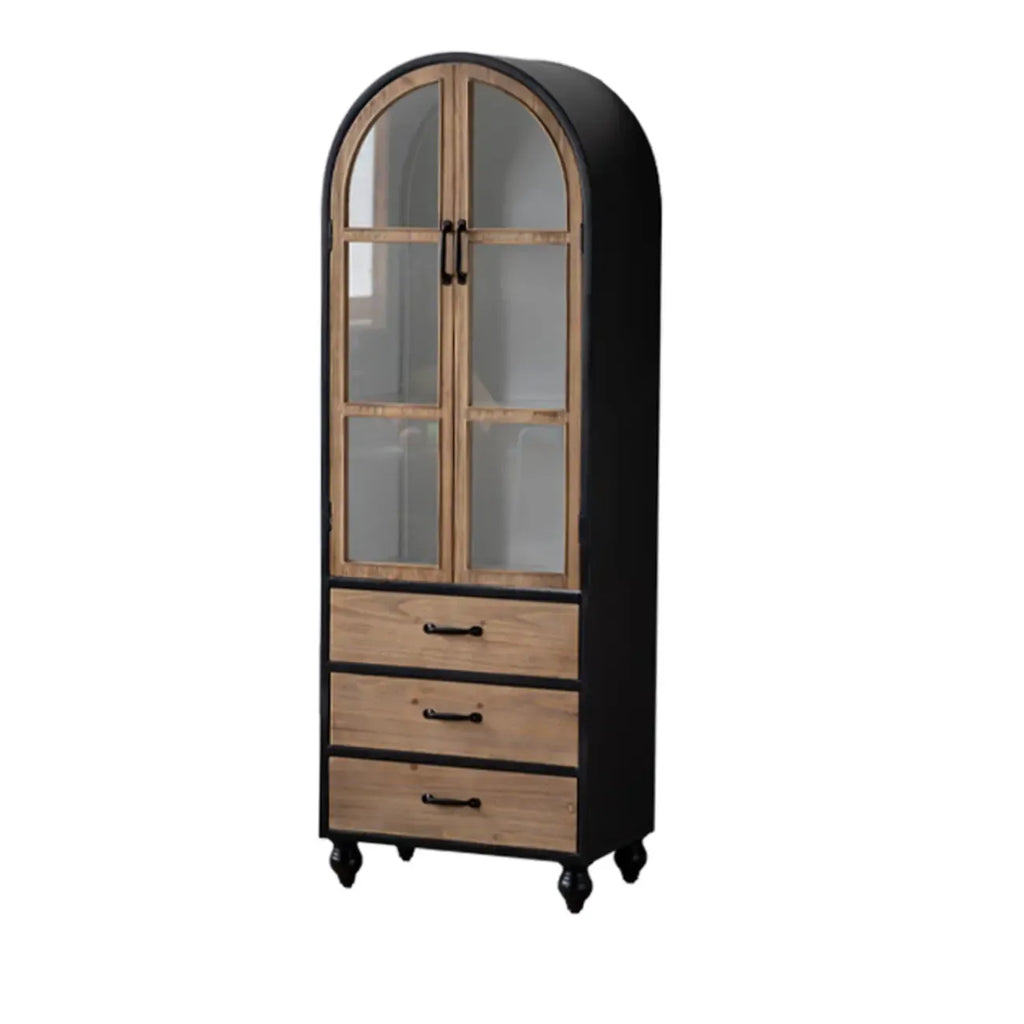 Meuble rustique en bois sur pied, de forme arquée, idéal pour la décoration du salon.