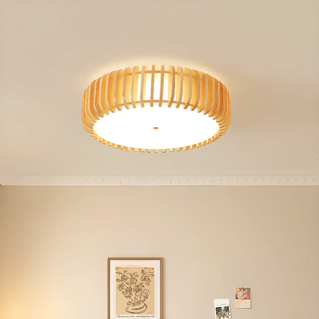 Plafonnier LED circulaire en bois naturel à intensité variable, encastré