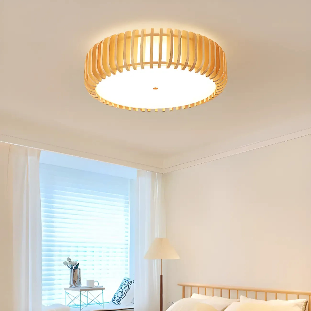 Plafonnier LED circulaire en bois naturel à intensité variable, encastré