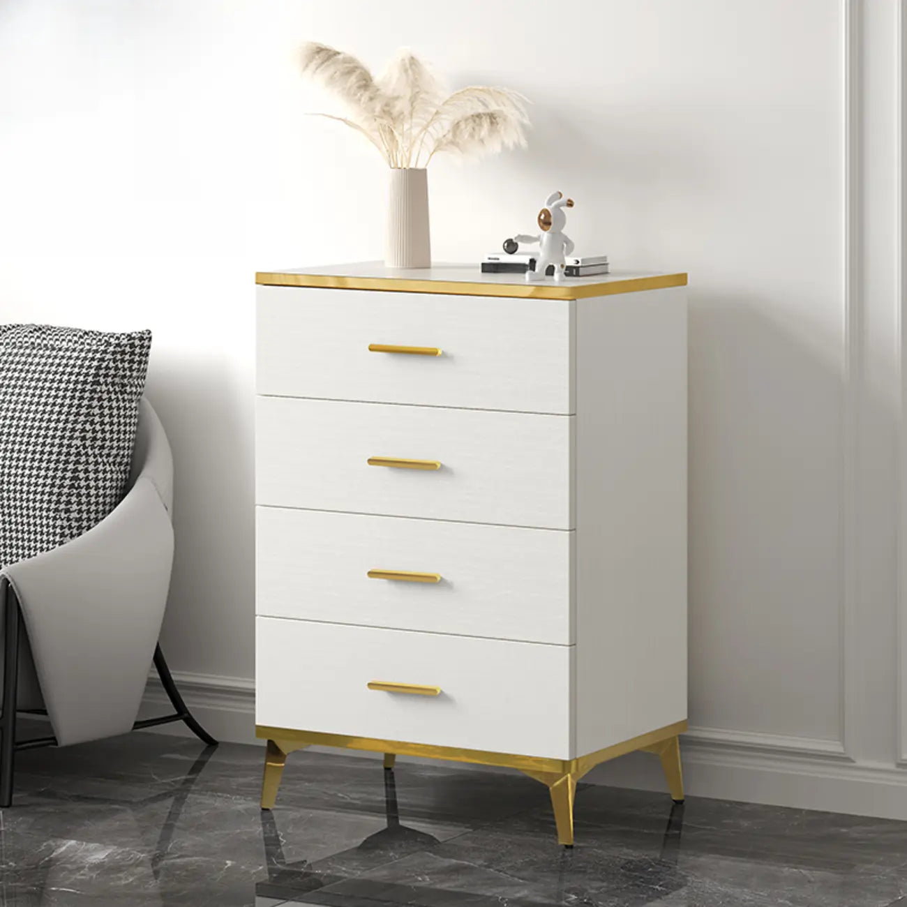 Armoire de rangement moderne en bois blanc avec accents dorés pour salon