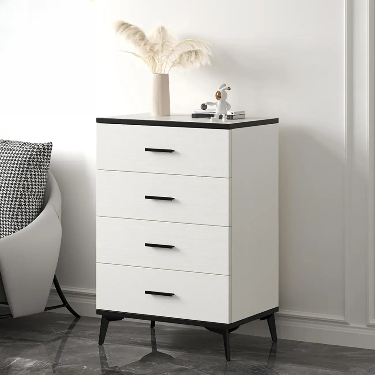 Armoire de rangement moderne en bois blanc avec accents dorés pour salon