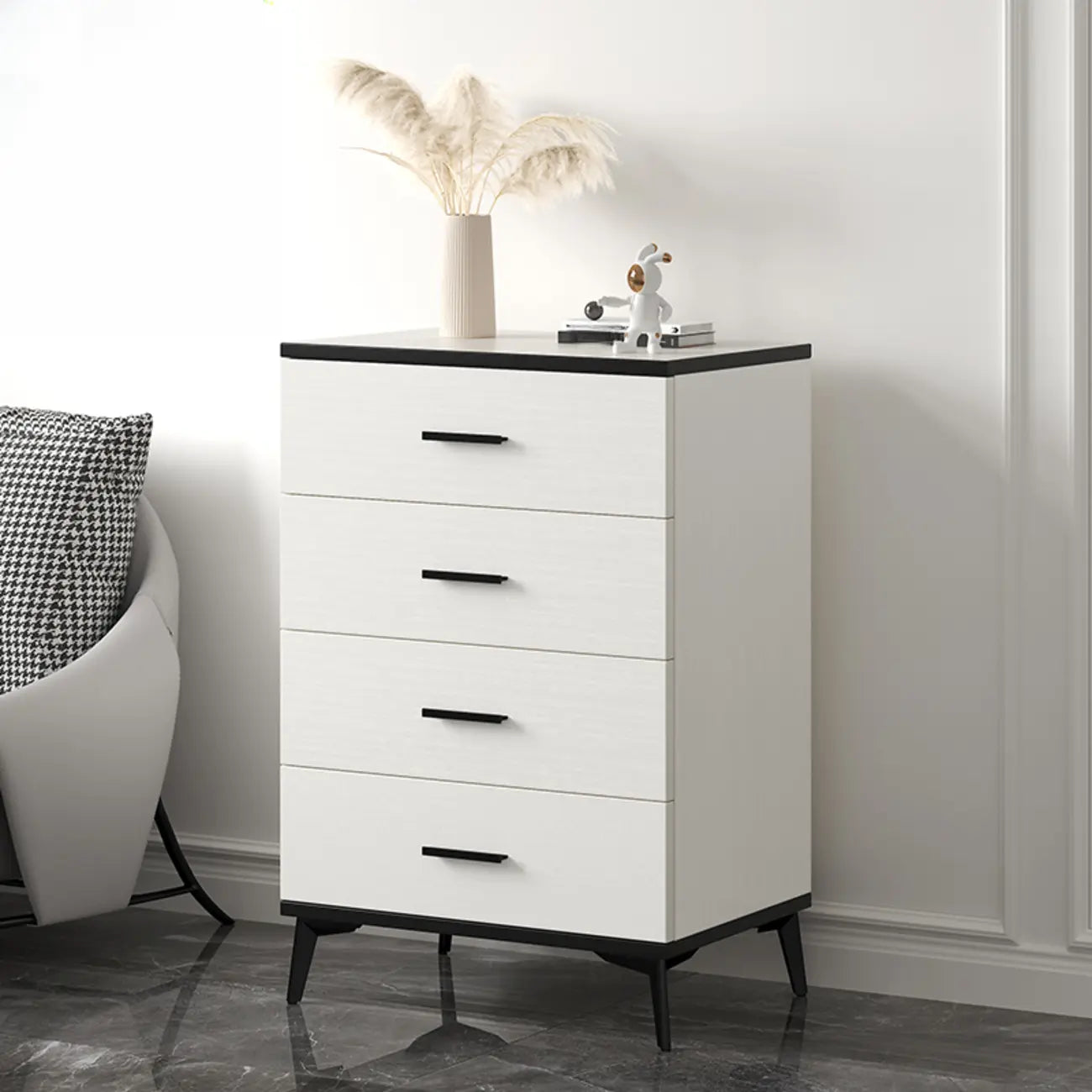 Armoire de rangement moderne en bois blanc avec accents dorés pour salon