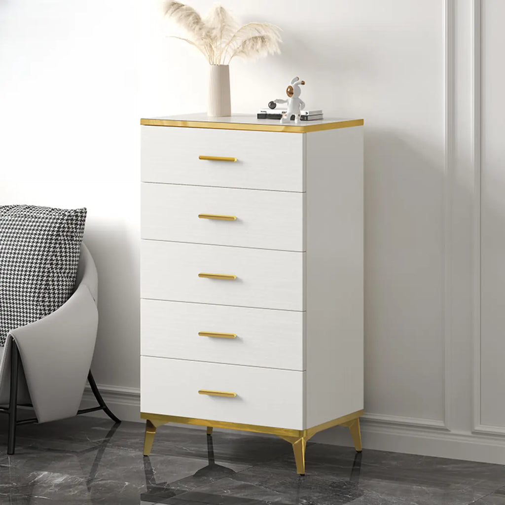 Armoire de rangement moderne en bois blanc avec accents dorés pour salon
