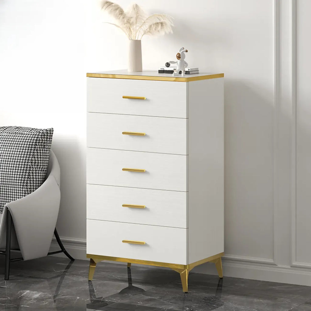 Armoire de rangement moderne en bois blanc avec accents dorés pour salon