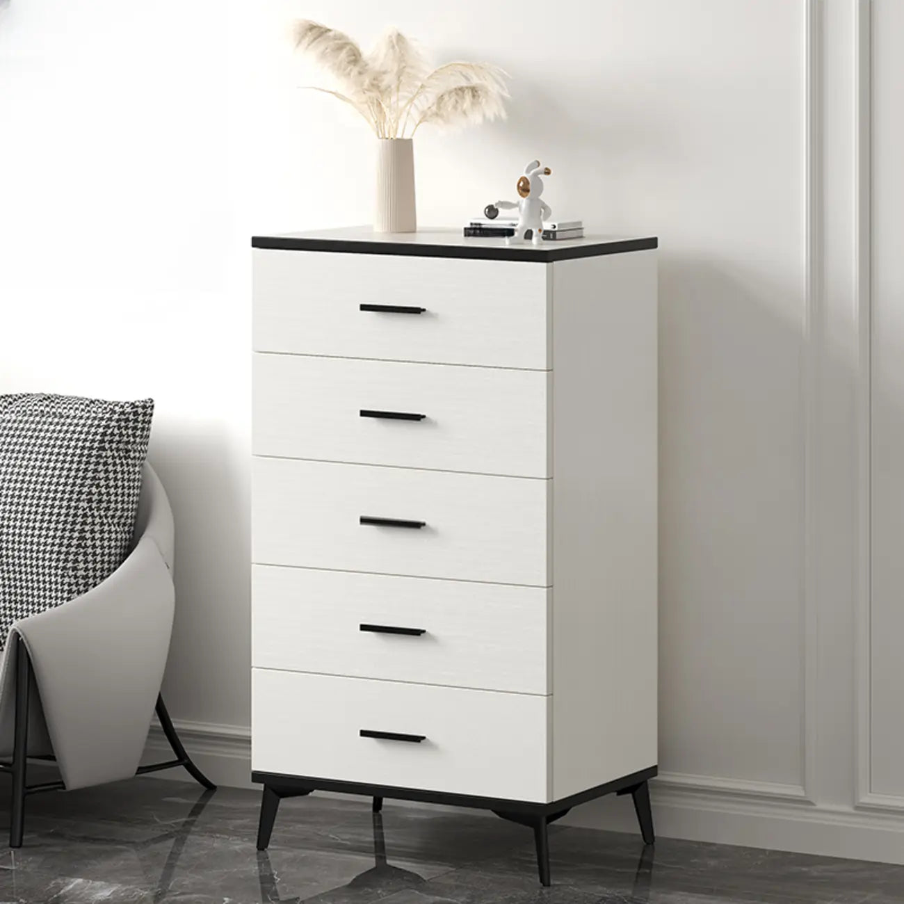 Armoire de rangement moderne en bois blanc avec accents dorés pour salon