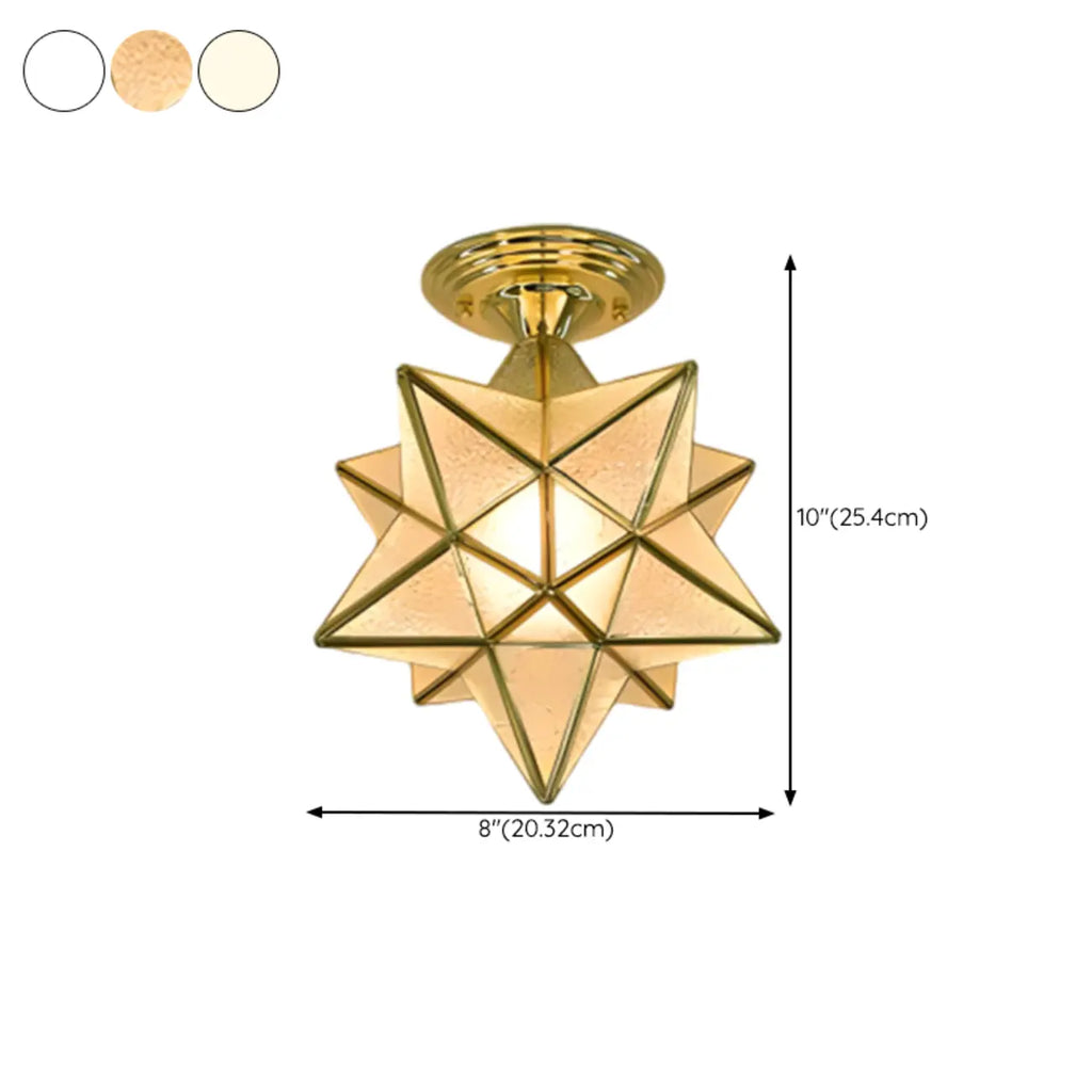 Plafonnier semi-encastré de style colonial avec abat-jour en verre doré en forme d'étoile