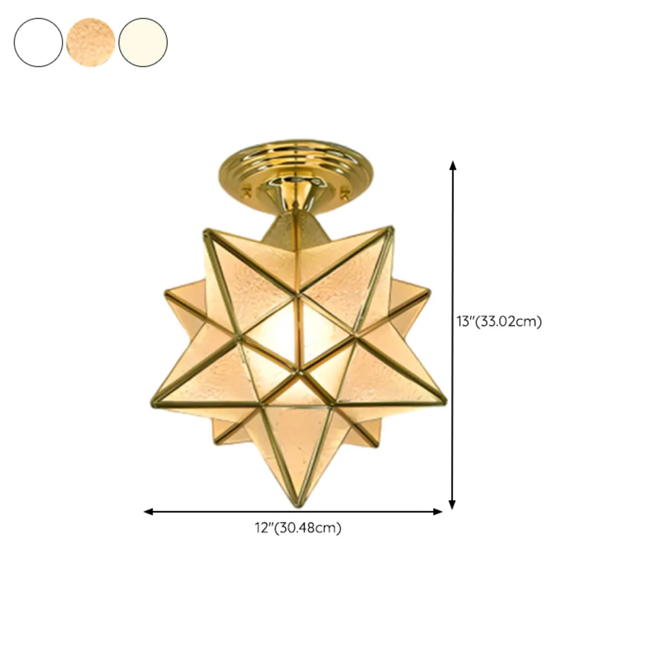 Plafonnier semi-encastré de style colonial avec abat-jour en verre doré en forme d'étoile