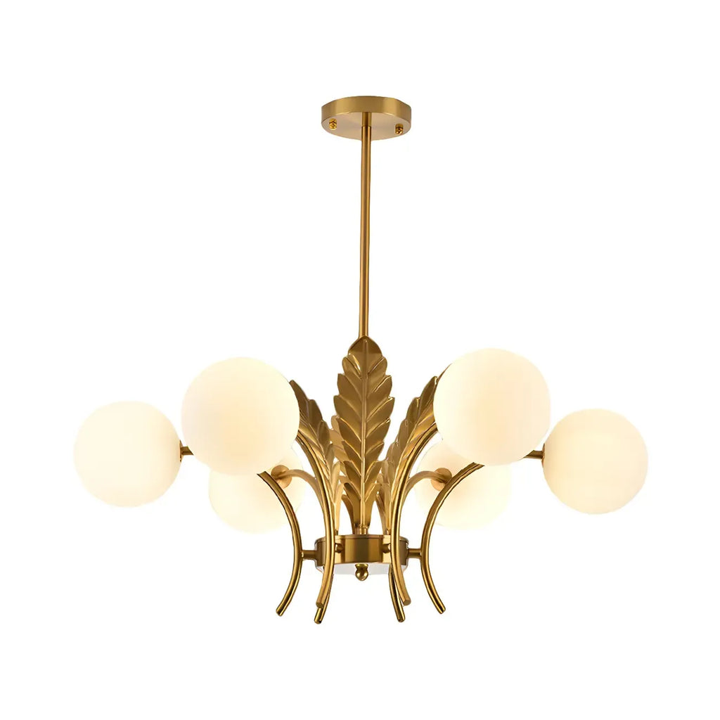 Lustre de luxe à 6 lumières, recouvert de feuilles d'or et orné de globes en verre