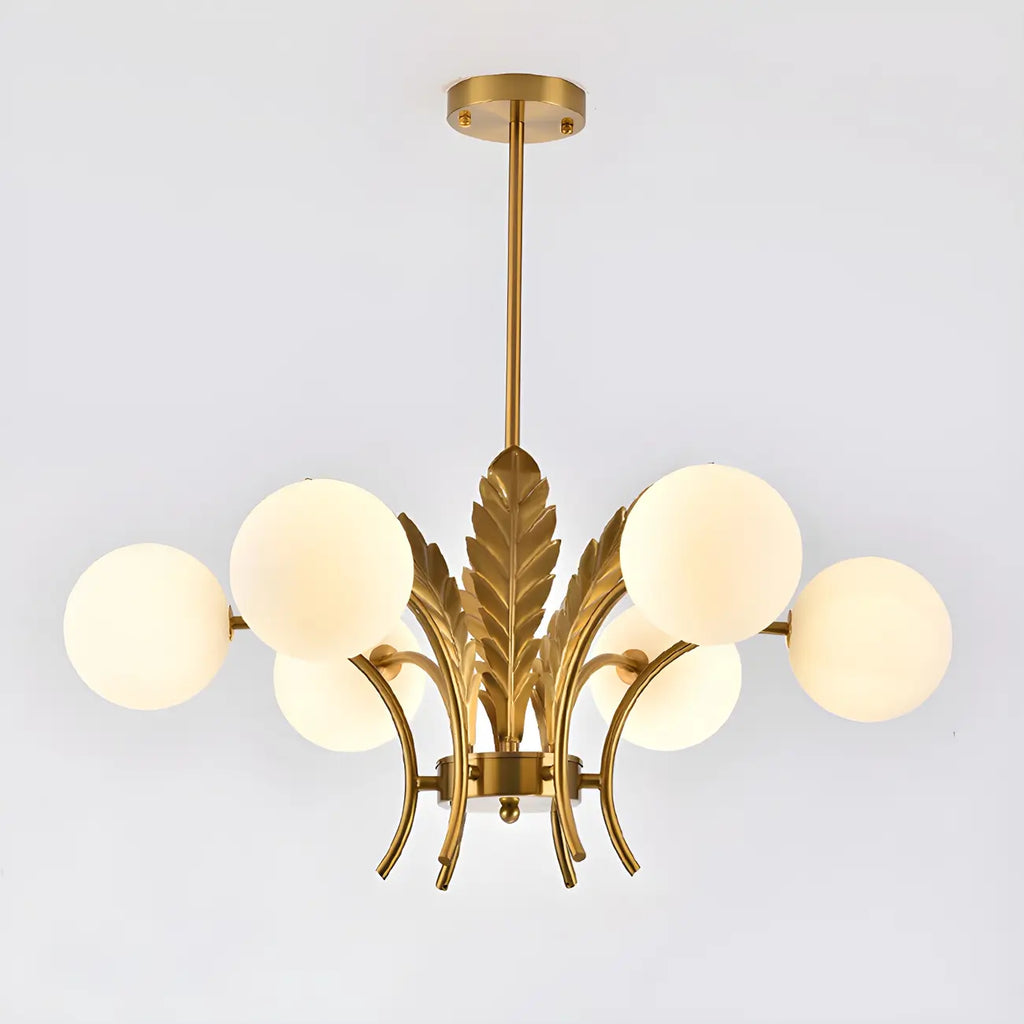 Lustre de luxe à 6 lumières, recouvert de feuilles d'or et orné de globes en verre