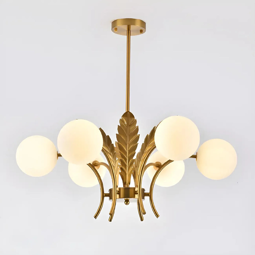 Lustre de luxe à 6 lumières, recouvert de feuilles d'or et orné de globes en verre