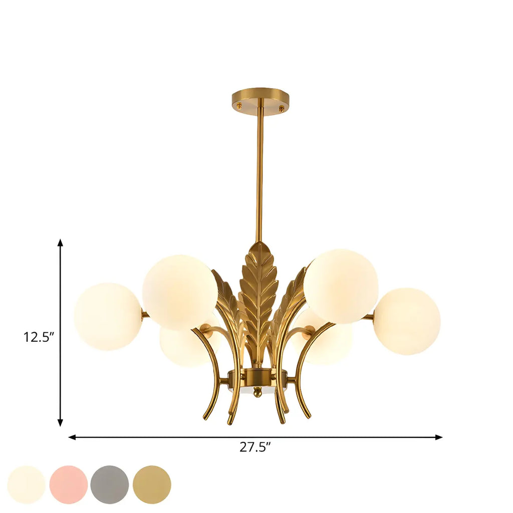 Lustre de luxe à 6 lumières, recouvert de feuilles d'or et orné de globes en verre