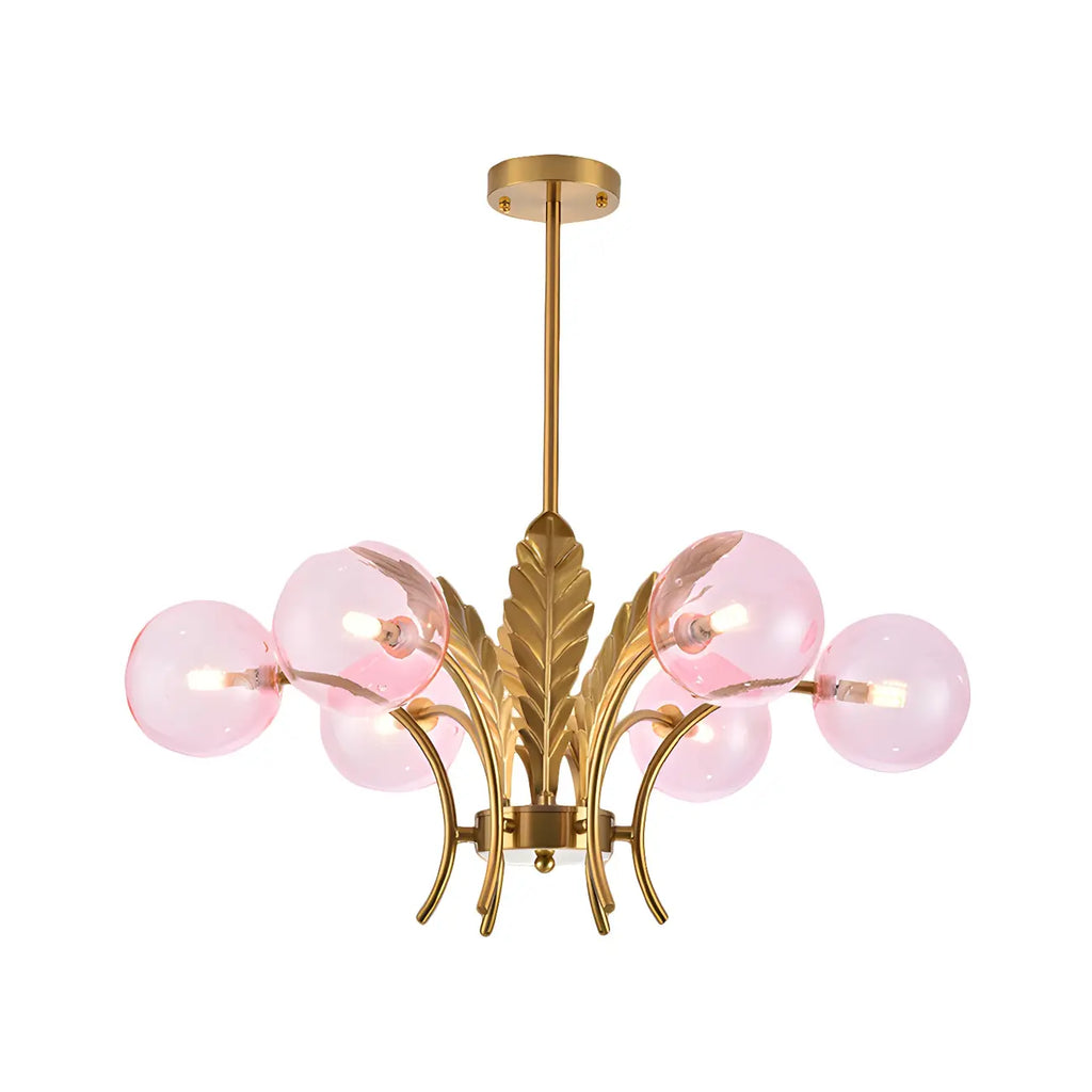 Lustre de luxe à 6 lumières, recouvert de feuilles d'or et orné de globes en verre