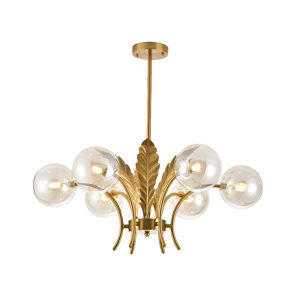 Lustre de luxe à 6 lumières, recouvert de feuilles d'or et orné de globes en verre