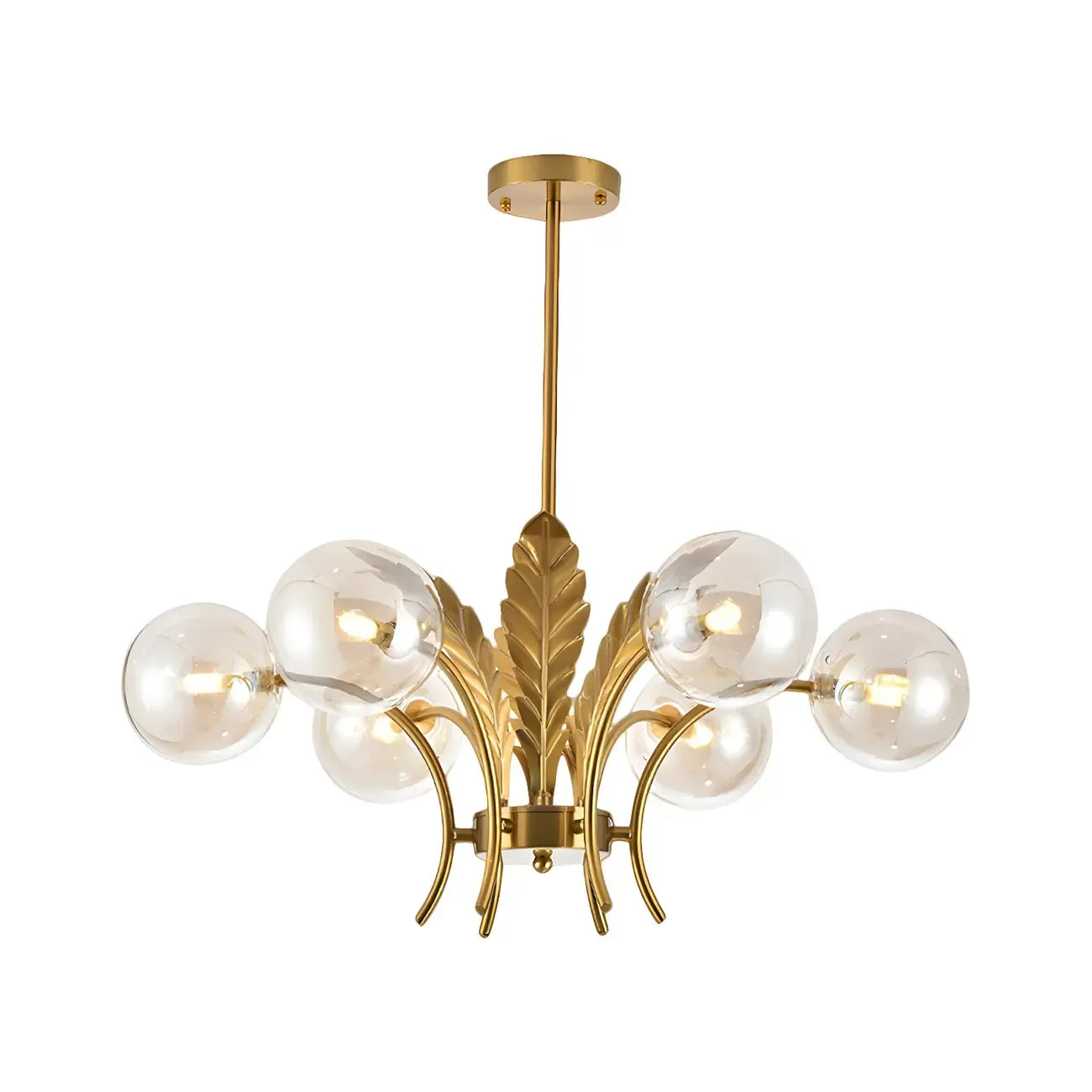 Lustre de luxe à 6 lumières, recouvert de feuilles d'or et orné de globes en verre