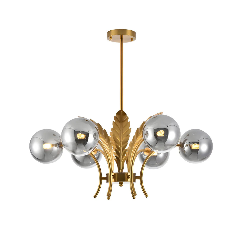 Lustre de luxe à 6 lumières, recouvert de feuilles d'or et orné de globes en verre