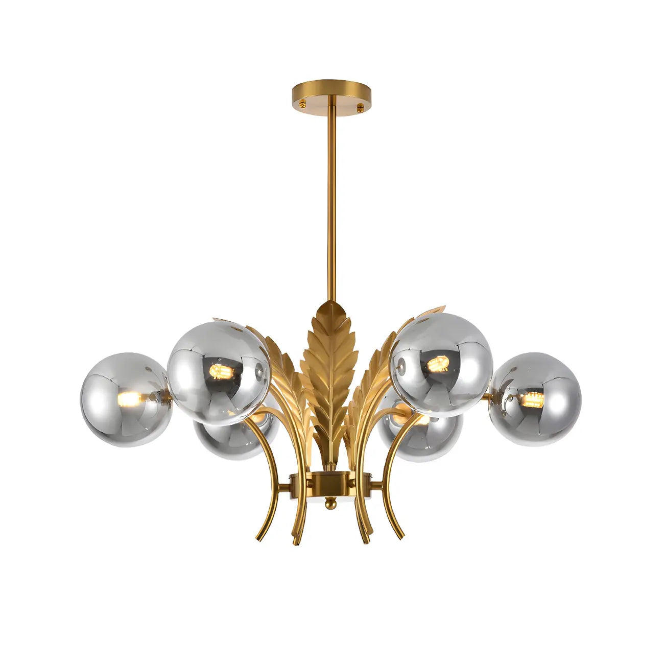 Lustre de luxe à 6 lumières, recouvert de feuilles d'or et orné de globes en verre