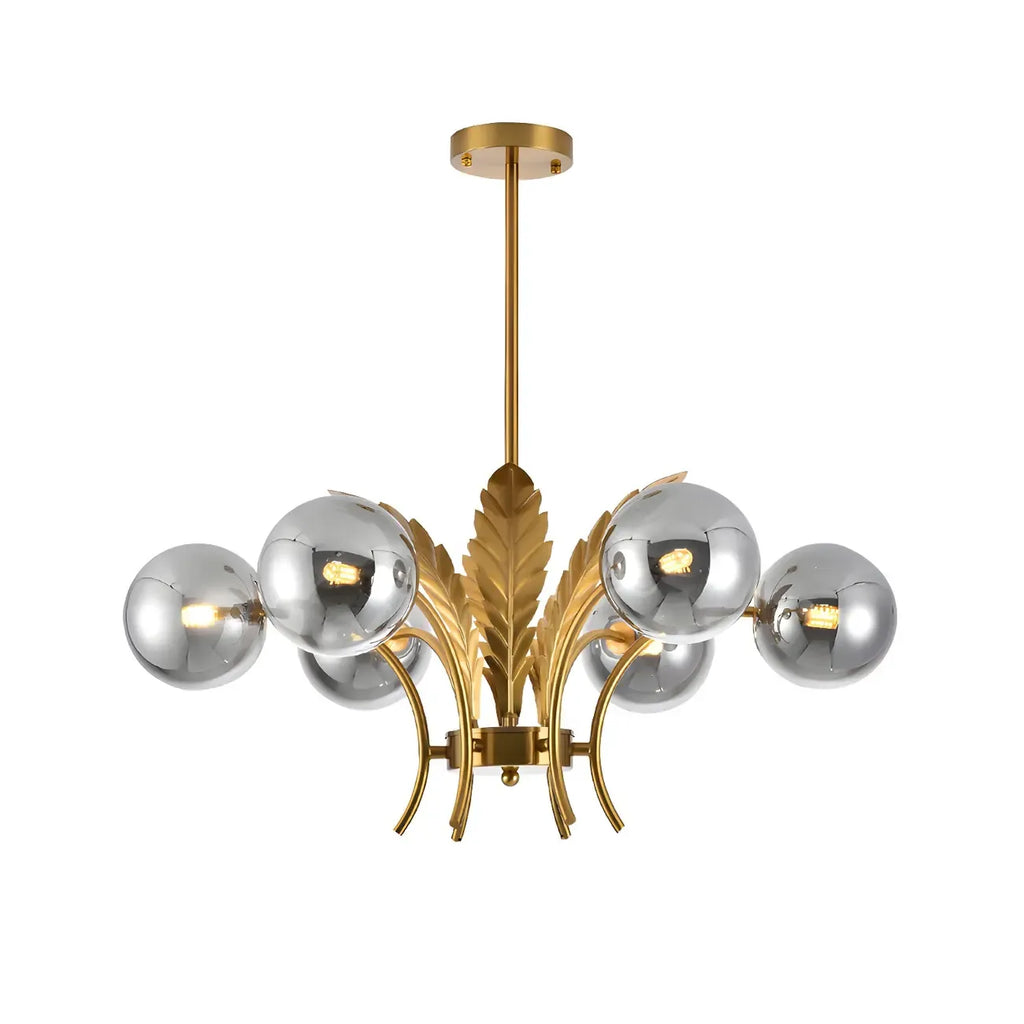Lustre de luxe à 6 lumières, recouvert de feuilles d'or et orné de globes en verre