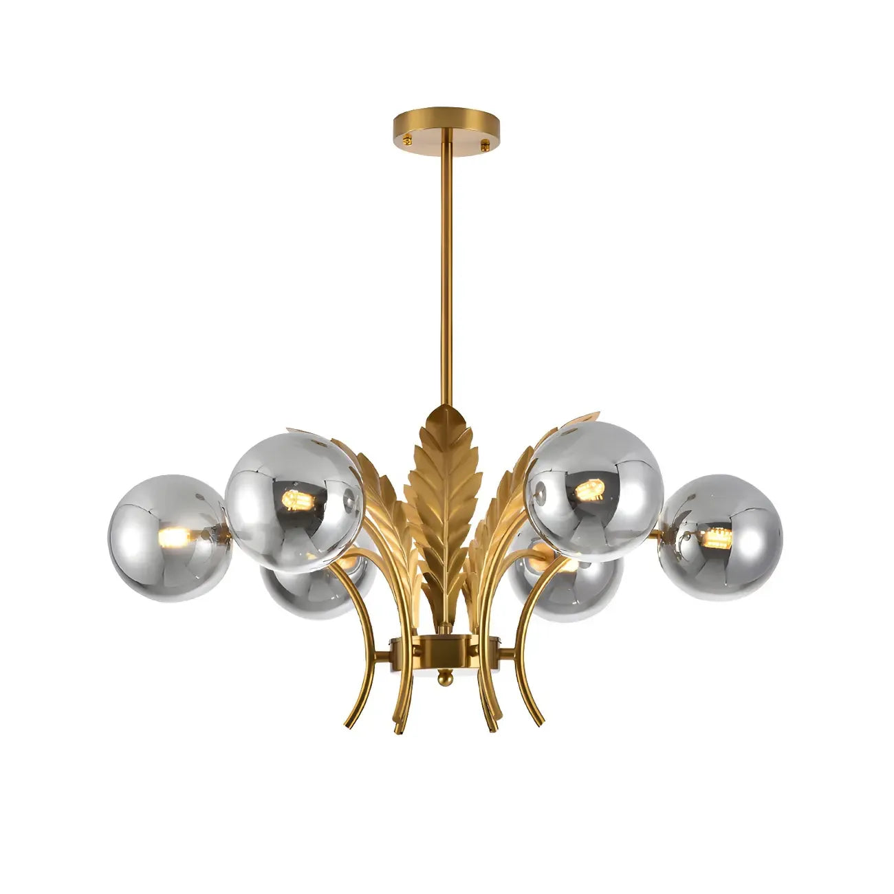 Lustre de luxe à 6 lumières, recouvert de feuilles d'or et orné de globes en verre