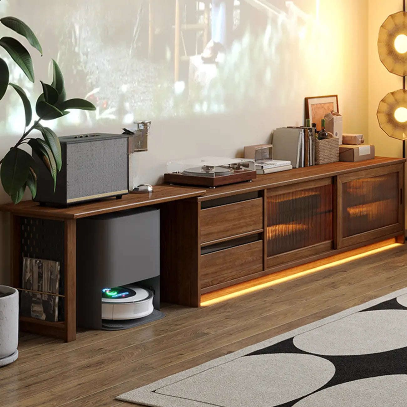 Meuble TV extensible en bois brun avec 2 placards