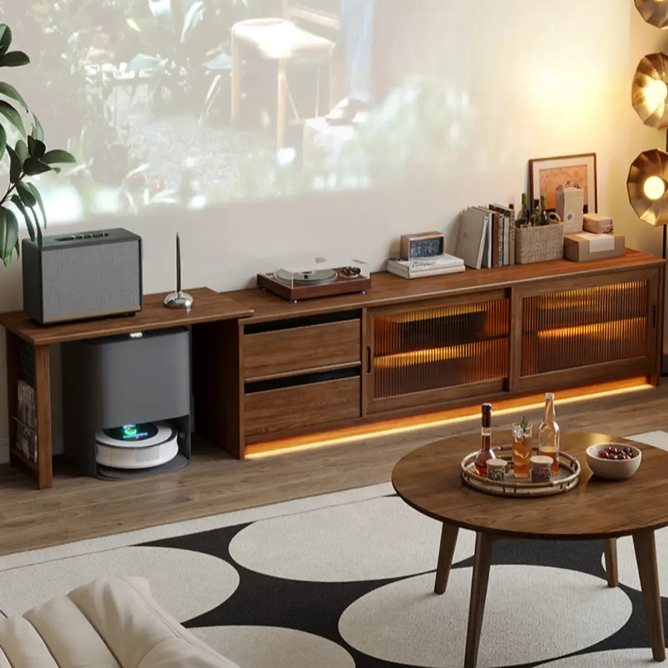 Meuble TV extensible en bois brun avec 2 placards