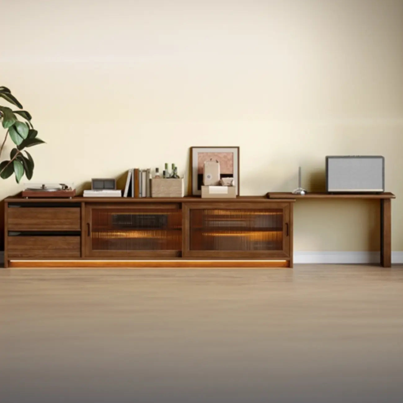 Meuble TV extensible en bois brun avec 2 placards