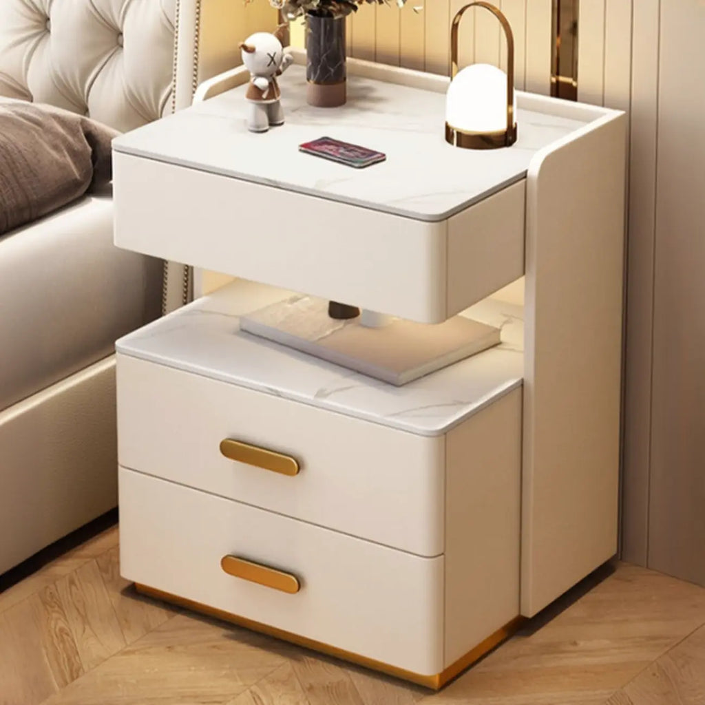 Table de chevet moderne en cuir avec rangement et éclairage LED - Beige