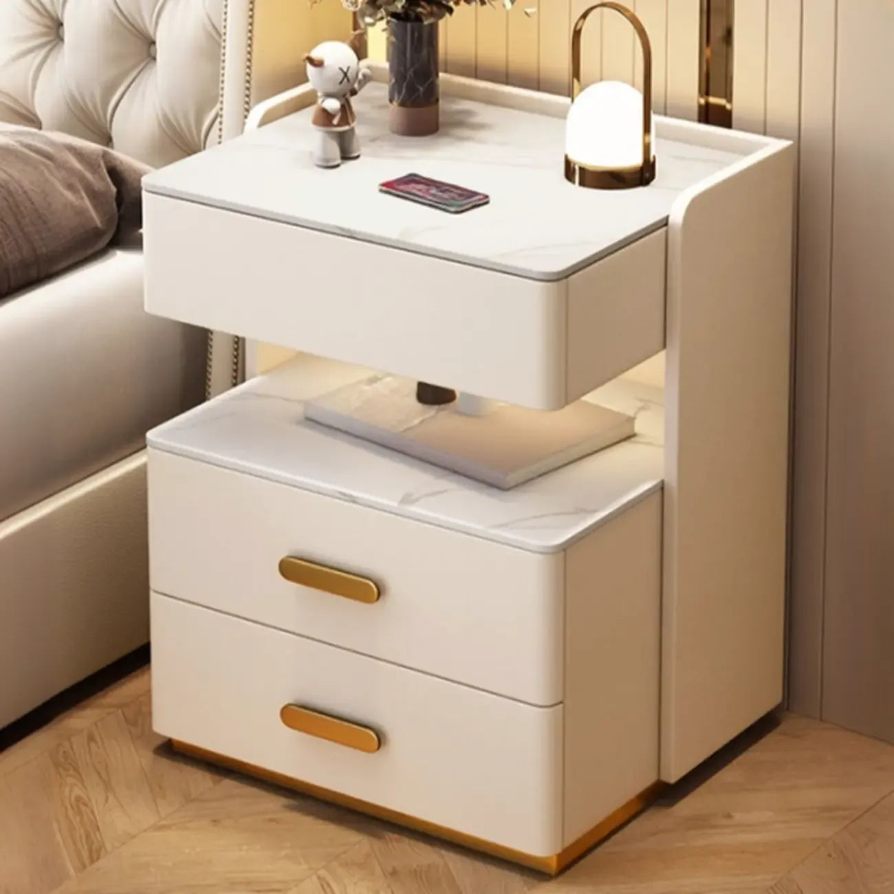 Table de chevet moderne en cuir avec rangement et éclairage LED - Beige