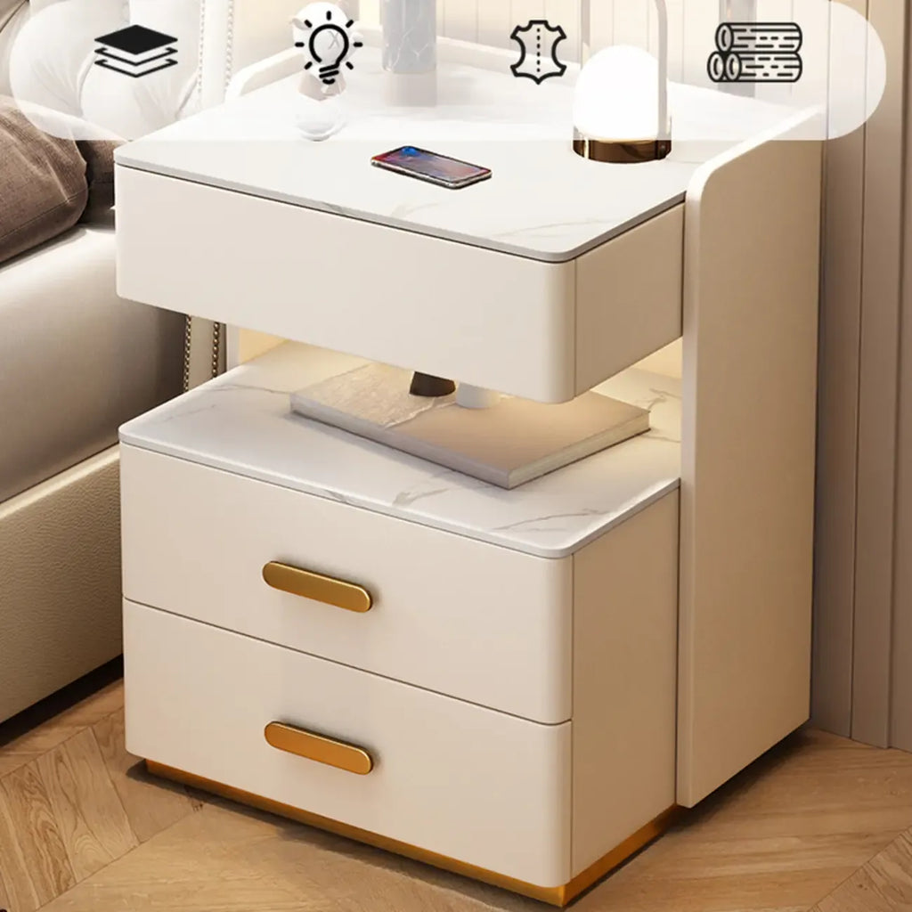 Table de chevet moderne en cuir avec rangement et éclairage LED - Beige