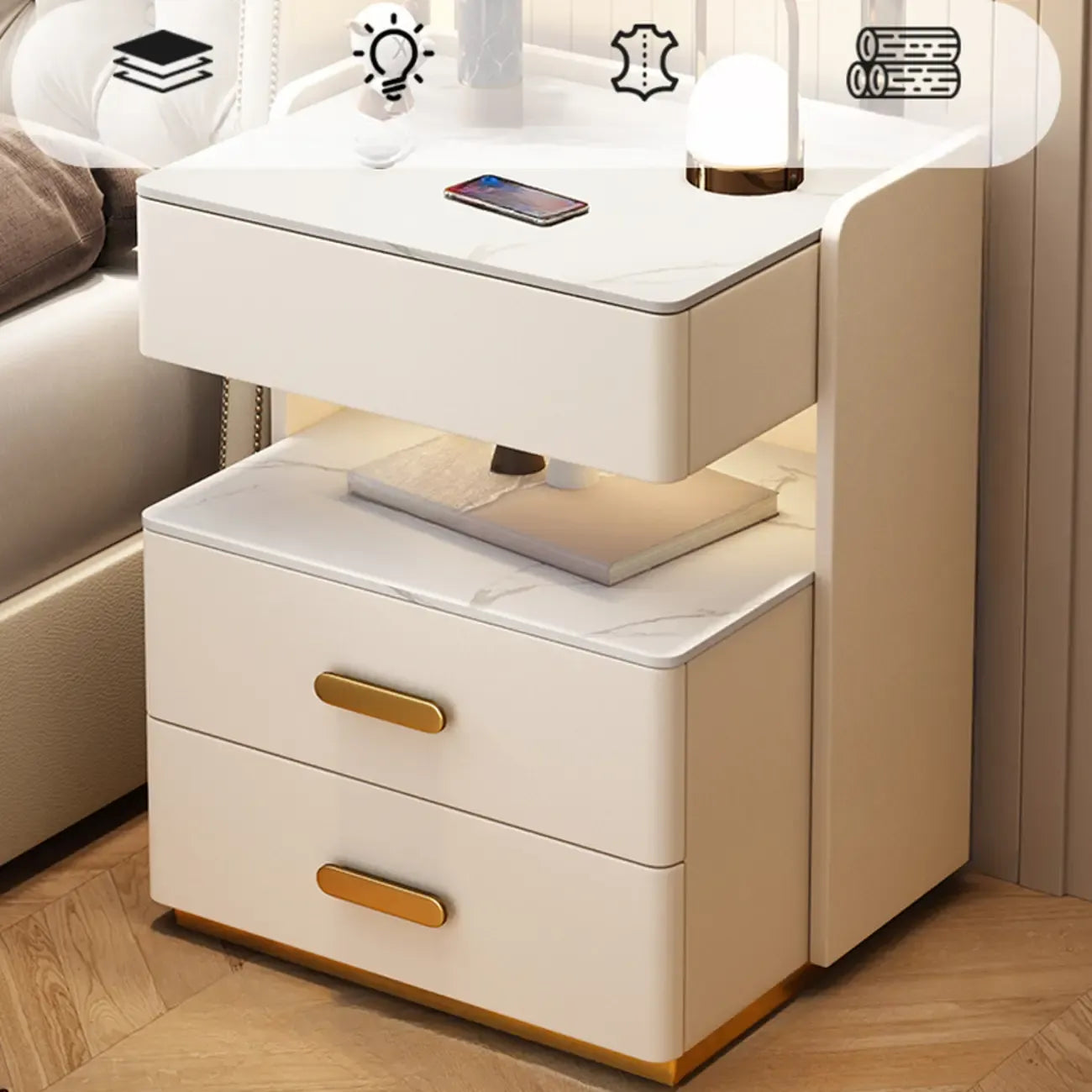Table de chevet moderne en cuir avec rangement et éclairage LED - Beige