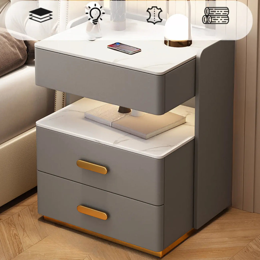 Table de chevet moderne en cuir avec rangement et éclairage LED - Beige