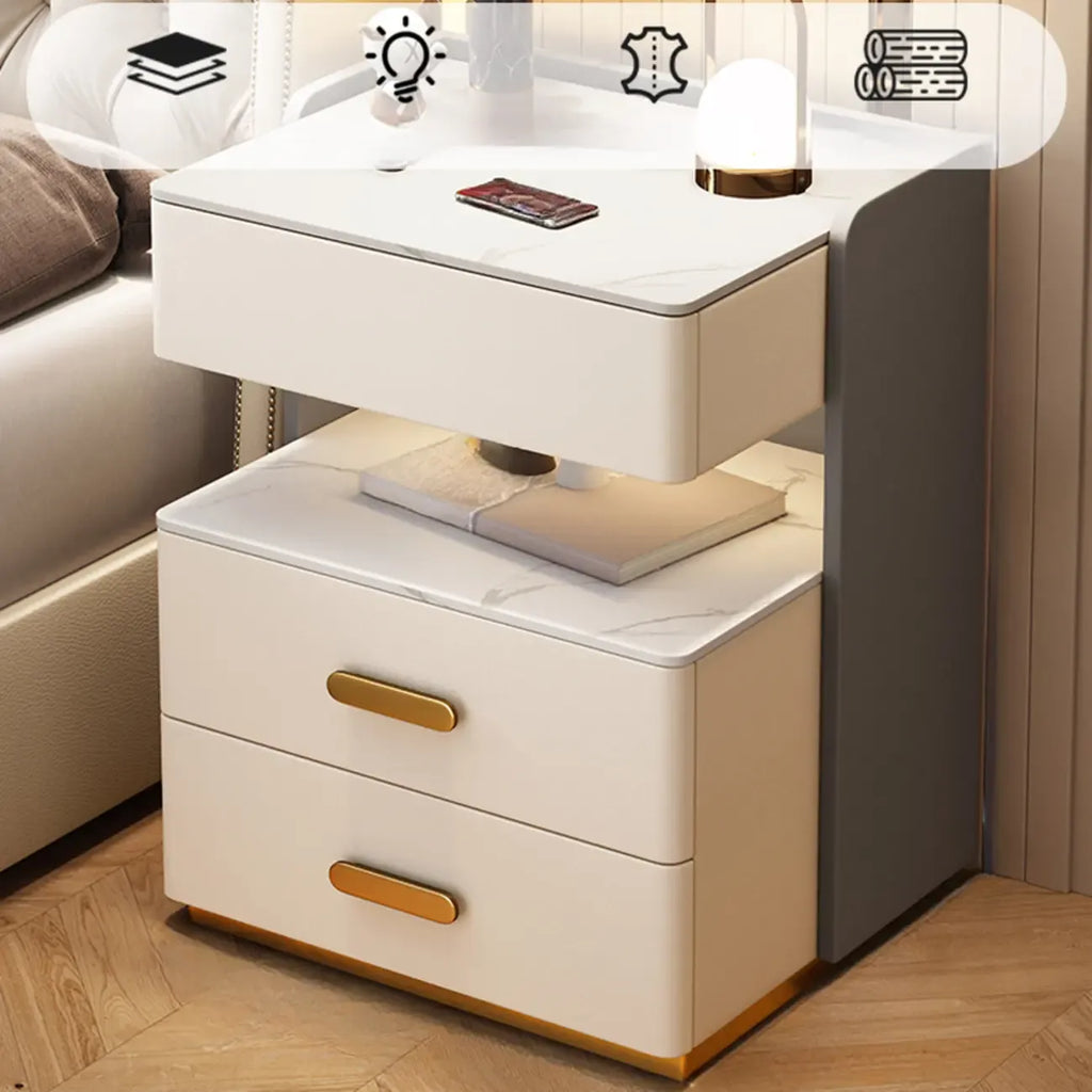 Table de chevet moderne en cuir avec rangement et éclairage LED - Beige