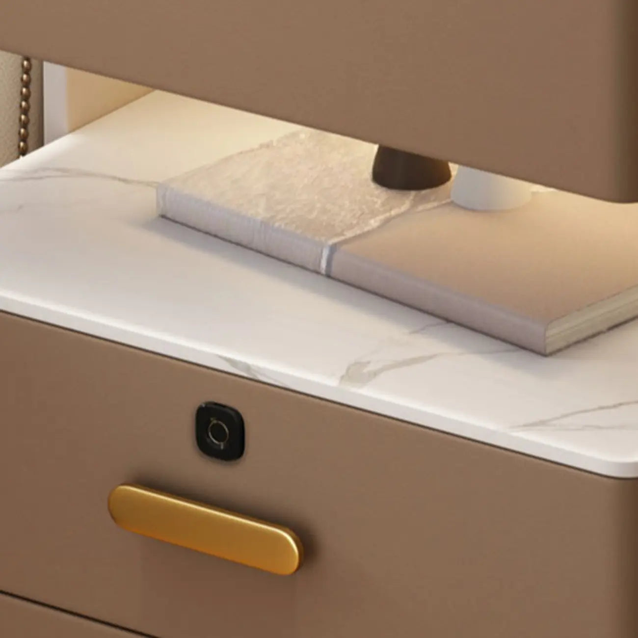 Table de chevet moderne en cuir avec rangement et éclairage LED - Beige