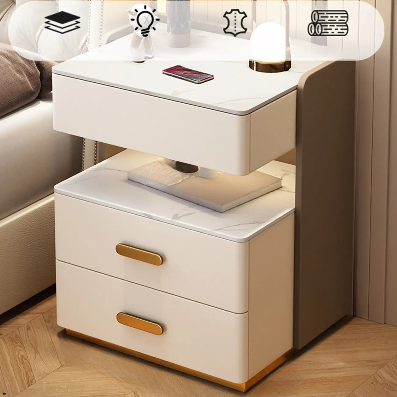 Table de chevet moderne en cuir avec rangement et éclairage LED - Beige