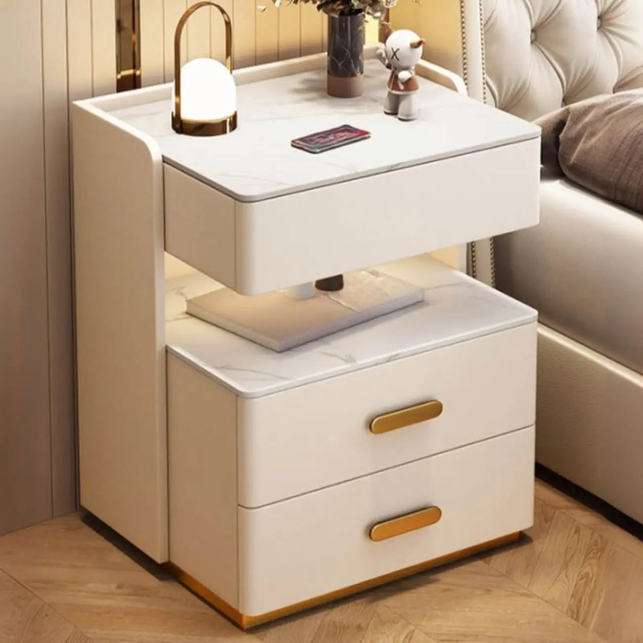 Table de chevet moderne en cuir avec rangement et éclairage LED - Beige