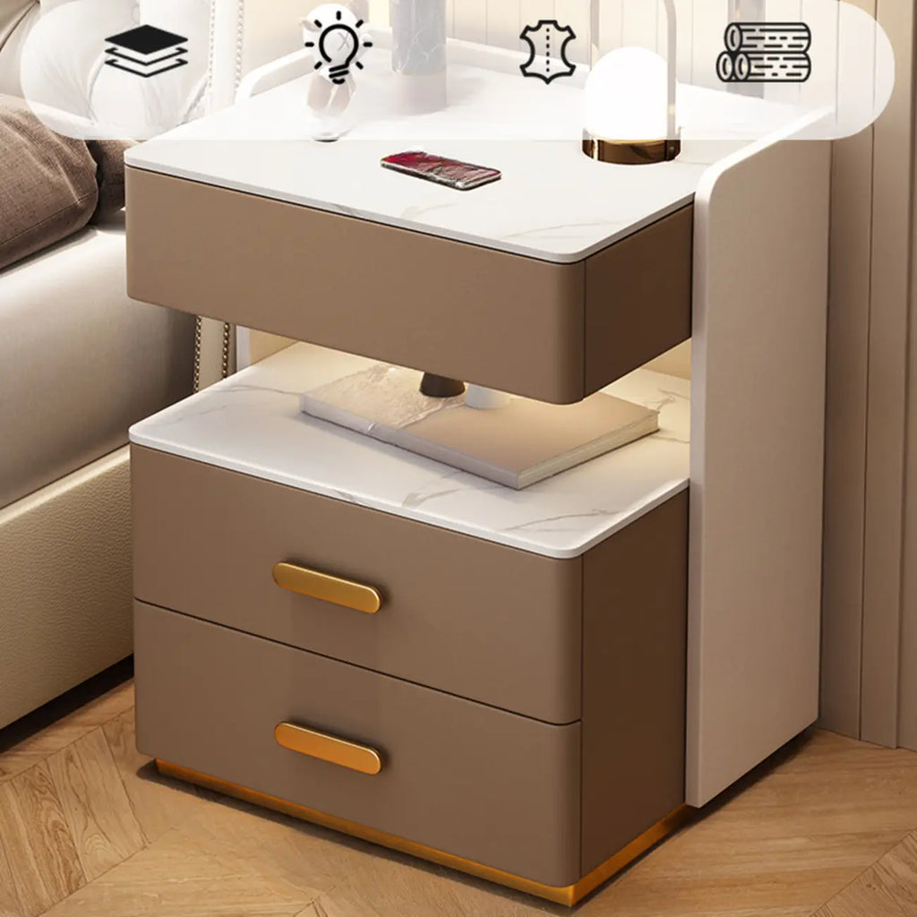 Table de chevet moderne en cuir avec rangement et éclairage LED - Beige