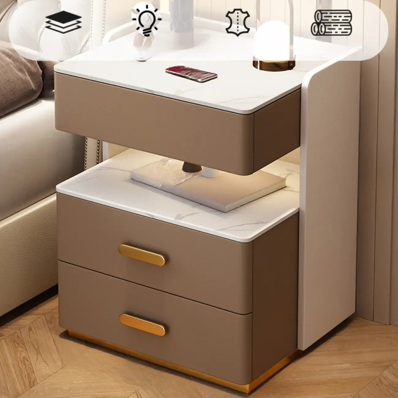 Table de chevet moderne en cuir avec rangement et éclairage LED - Beige