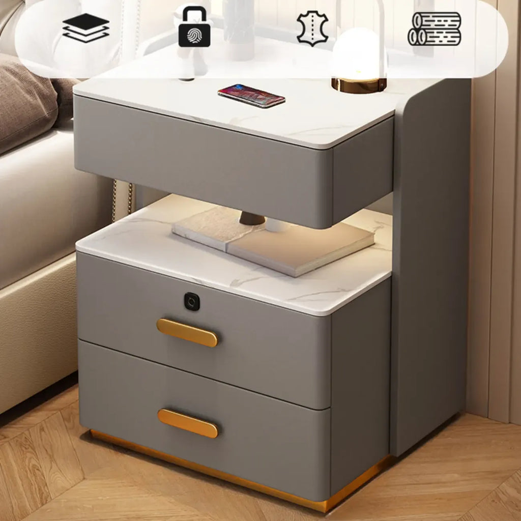 Table de chevet moderne en cuir avec rangement et éclairage LED - Beige