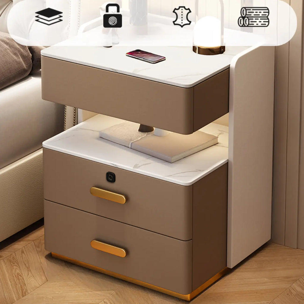 Table de chevet moderne en cuir avec rangement et éclairage LED - Beige