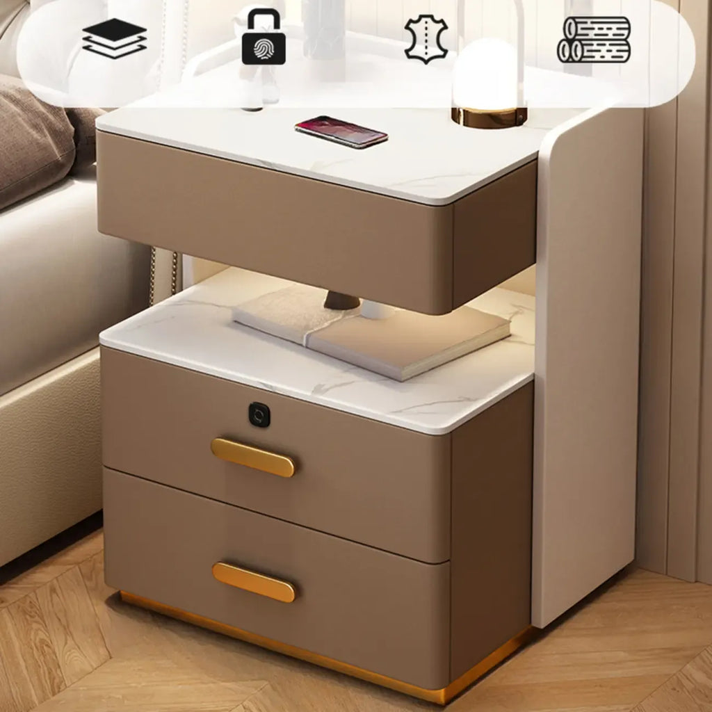 Table de chevet moderne en cuir avec rangement et éclairage LED - Beige