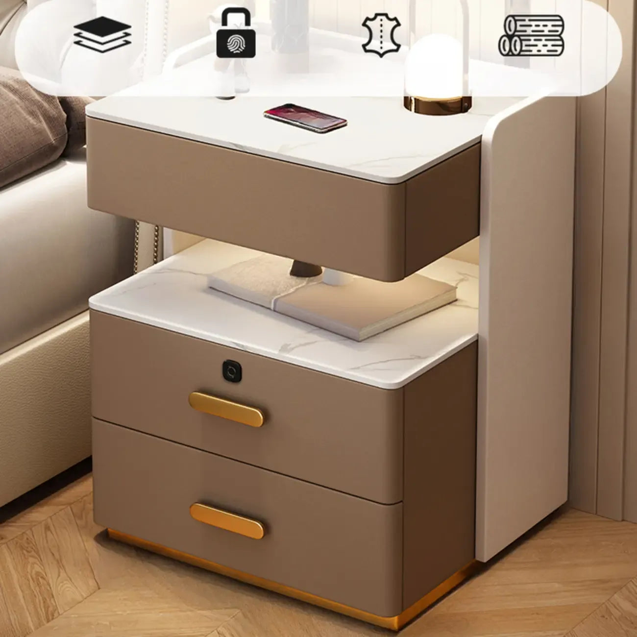 Table de chevet moderne en cuir avec rangement et éclairage LED - Beige