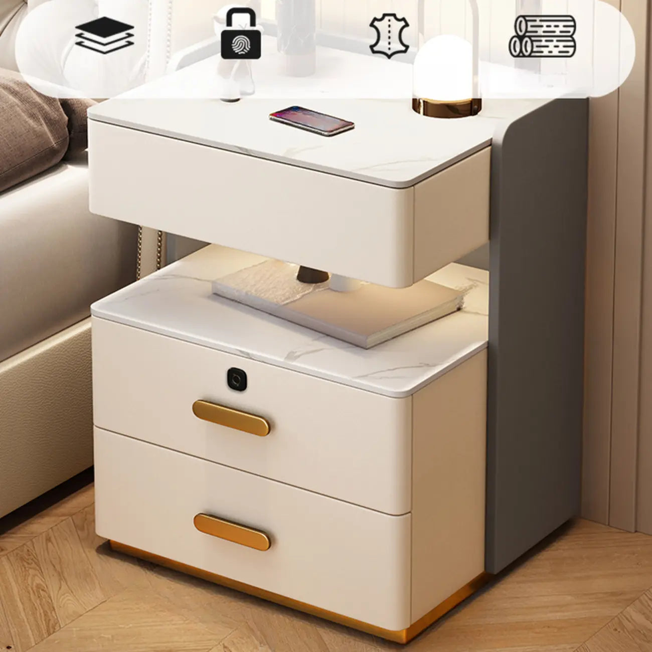 Table de chevet moderne en cuir avec rangement et éclairage LED - Beige