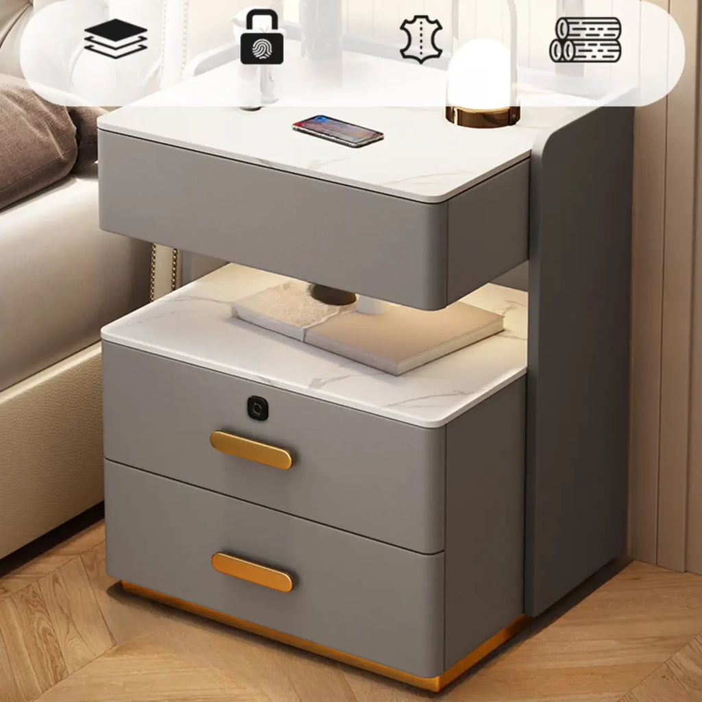 Table de chevet moderne en cuir avec rangement et éclairage LED - Beige