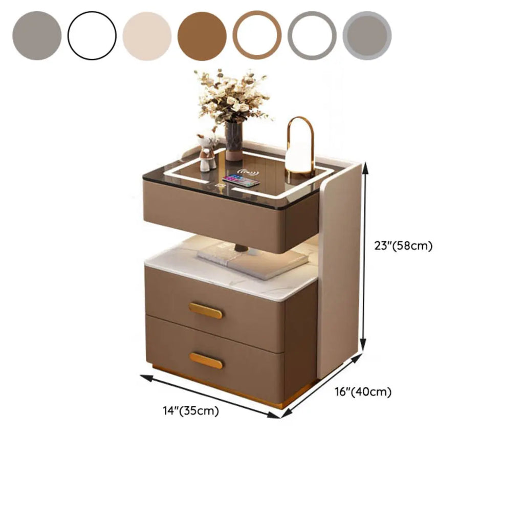 Table de chevet moderne en cuir avec rangement et éclairage LED - Beige